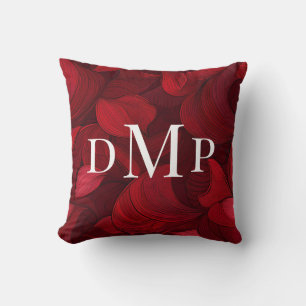 Coussin Rouge foncé Feuilles Abstraits Monogrammé