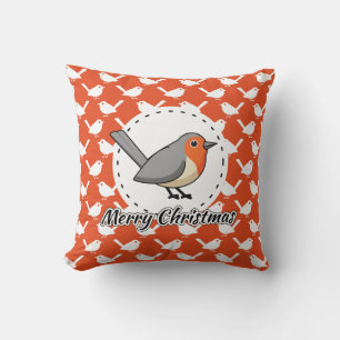 Coussin Rouge-gorge sur fond orange à motifs blancs - Joye