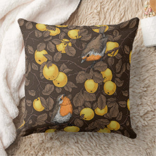 Coussin Rouge-gorges dans le pommier/jaune et brun foncé