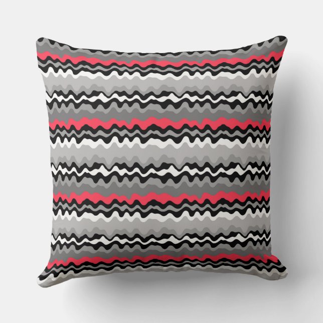 Coussin Rouge gris noir blanc horizontal rayures ondulées  (Verso)