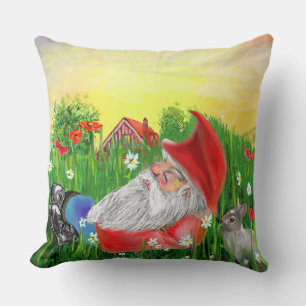 Coussin Rouge magique et vert Gnome et lapin