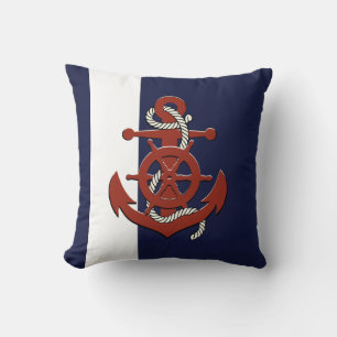 Coussin Rouge nautique roue de bateau/ancrage marine bleu