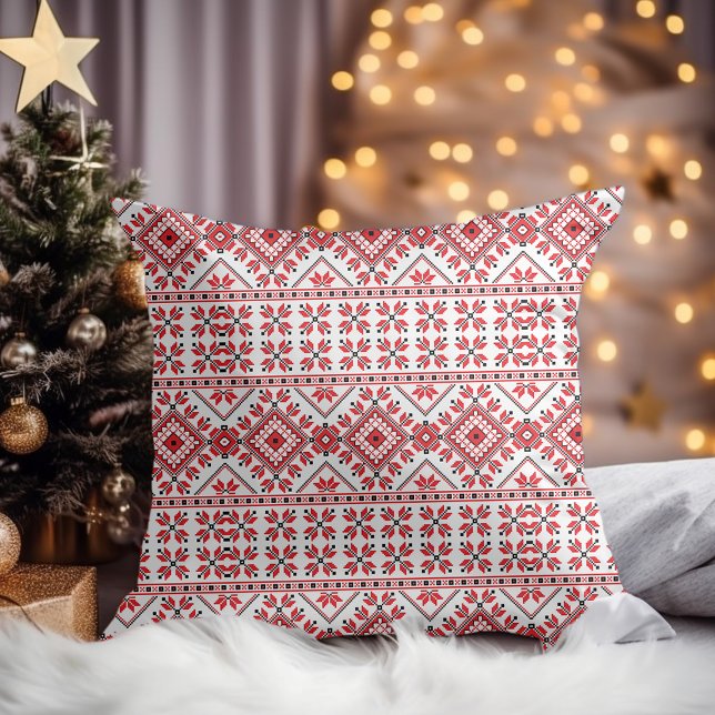 Coussin Rouge Noir Et Blanc Classique Nordique Fair Isle M (Créateur téléchargé)