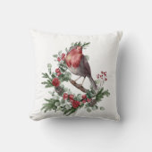 Coussin Rouge Oiseau de Noël Branches de houx Baies Cônes (Recto)