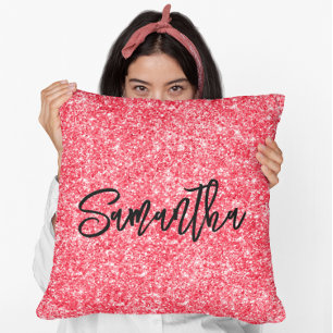 Coussin Rouge Pailleté Écriture Pinceau Noir