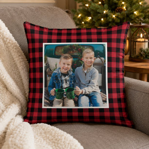 Coussin Rouge Plaid Buffalo Noir Photo Noël