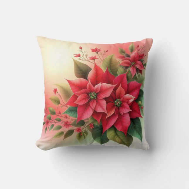 Coussin Rouge Poinsettia Fleurs d'hiver de Noël (Recto)