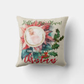 Coussin Rouge Poinsettia Mistletoe Nom du bébé Photo Noël (Verso)