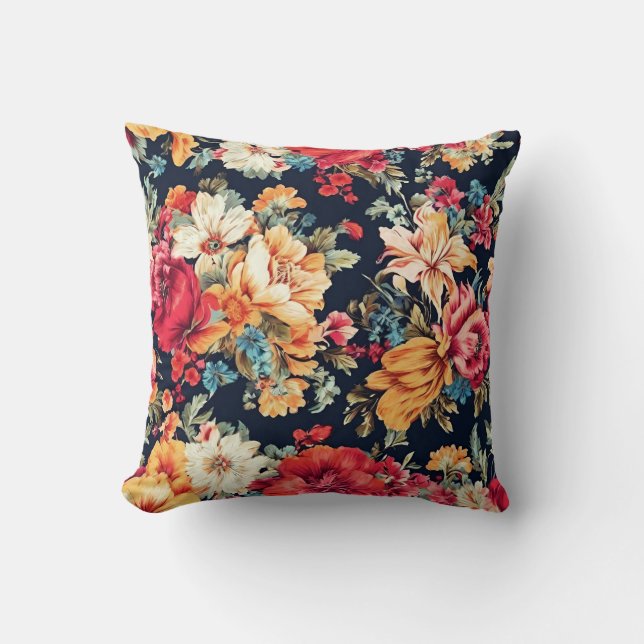 Coussin Rouge, Rose, Jaune, Blanc, Fleurs bleues (Recto)