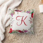 Coussin Rouge Rose Violet Fleurs Vertes Floral Monogrammé (Couverture)