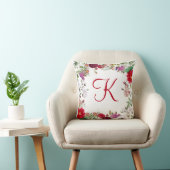 Coussin Rouge Rose Violet Fleurs Vertes Floral Monogrammé (Chaise)