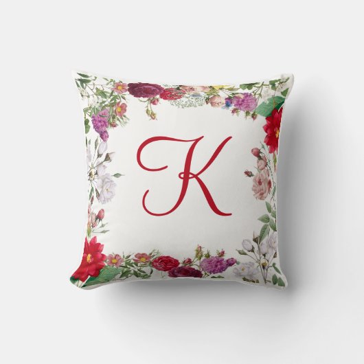Coussin Rouge Rose Violet Fleurs Vertes Floral Monogrammé (Recto)