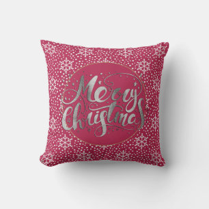Coussin Rouge Rubis Argent Joyeux Noël Flocons de Neige