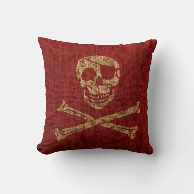 Coussin Rouge rustique de crâne de pirate (Recto)