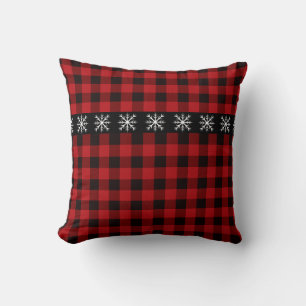 Coussin Rouge rustique et noir plaid - flocons de neige