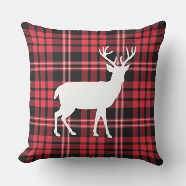 Coussin Rouge Rustique Et Plaid Noir Cerf Noël (Recto)