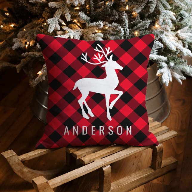 Coussin Rouge Rustique Plaid Buffalo Cerf Noël Monogramme (Créateur téléchargé)