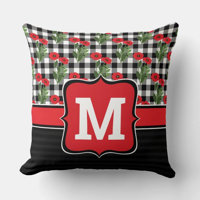 Coussin Rouge Shabby Chic, Coquelicots Monogramme Noir & B (Recto)