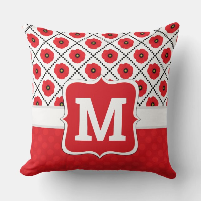 Coussin Rouge Shabby Chic, Coquelicots Monogramme Noir et  (Recto)