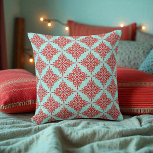 Coussin Rouge sur motif de Damas Turquoise