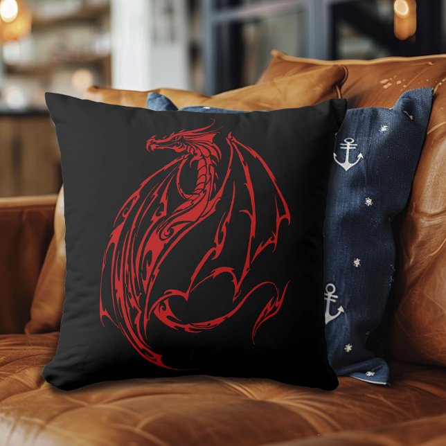 Coussin Rouge Tribal Dragon Noir (Créateur téléchargé)
