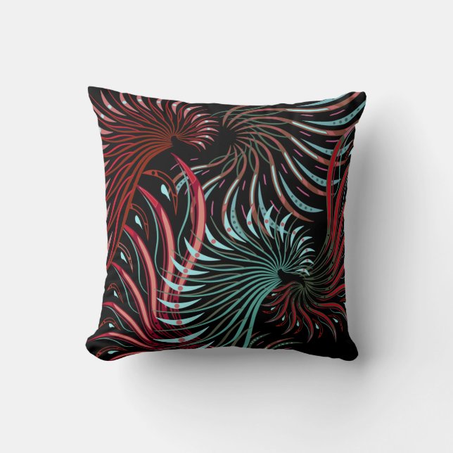 Coussin Rouge, turquoise et ailes abstraites de noir (Recto)