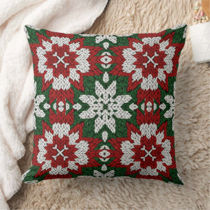 Coussin Rouge Vert Blanc Tricot Hiver Scandinave