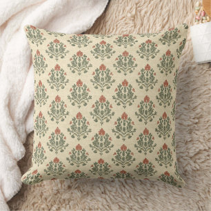 Coussin Rouge Vert Élégant Damassé Vintage en Distress