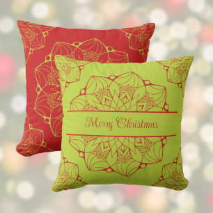 Coussin Rouge & Vert Mandala couleurs de Noël Jeter Oreill