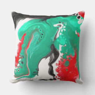 Coussin Rouge, vert, noir et Marbre blanc Fluid Art