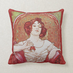 Coussin Rouge Vintage Art Nouveau Alphonse Mucha Ruby Lady