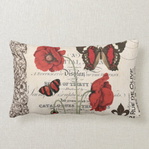 Coussin rouge vintage de pavots et de papillon…
