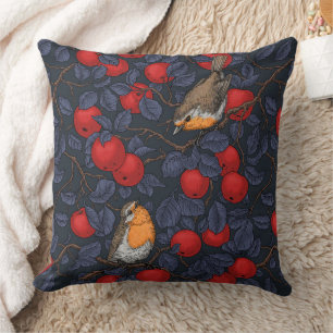 Coussin Rouges-gorges dans le pommier/bleu et rouge