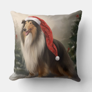 Coussin Rough Collie Chien dans la neige Noël