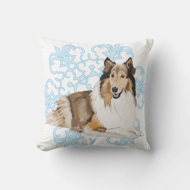 Coussin Rough Collie sur un arrière - plan de flou de neig (Recto)