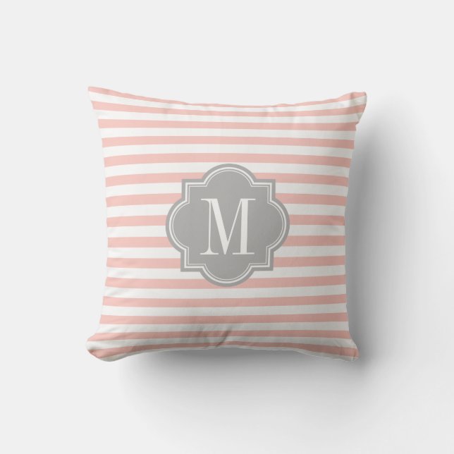 Coussin Rougissent les rayures roses avec le monogramme (Recto)