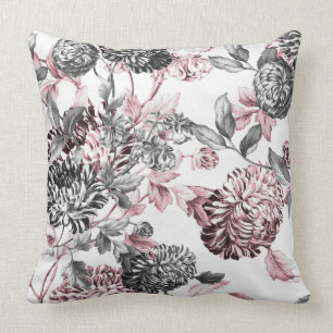 Coussin Rougissent Toile floral botanique blanc noir rose