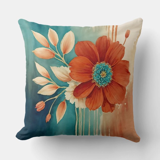 Coussin Rouille et abstrait floral turquoise (Recto)