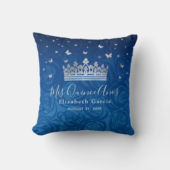 Coussin Royal Blue et Silver Quinceanera Mis Quince Anos (Recto)