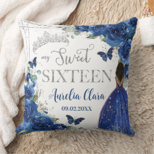 Coussin Royal Blue Floral Princess Sweet sixteen d'argent