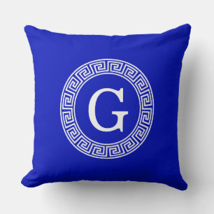 Coussin Royal Blue Wt Grèce clé cadre de ligne initiale Mo