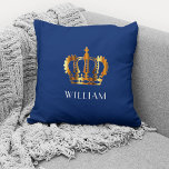 Coussin Royal Gold Couronne Nom personnalisé Bleu<br><div class="desc">Couronne d'or royale Nom personnalisé Oreiller à lancer bleu</div>
