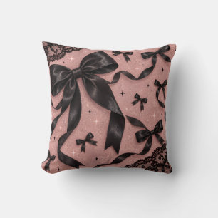 Coussin Ruban à nœud noir rose en dentelle