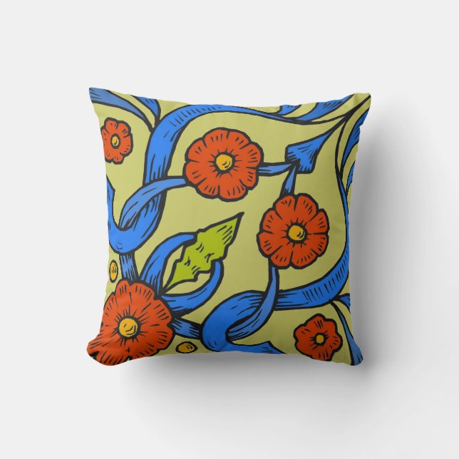 Coussin Rubans bleu Fleurs rouges (Recto)