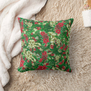 Coussin Rubans Feuille Poinsettia Fir Noël Floral  