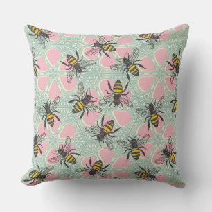 Coussin ruche de miel floral rose aqua