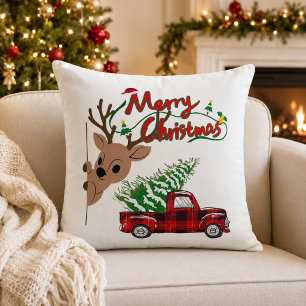 Coussin Rudolph Joyeux Noël Plaid Vintage Camion