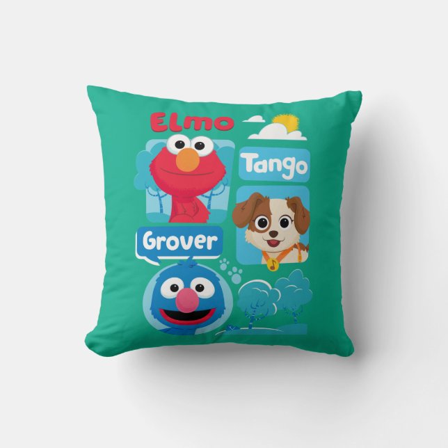 Coussin Rue Sésame | Graphisme du parc Elmo, Tango et Grov (Recto)