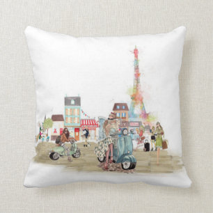 Coussin Rues mignonnes de croquis de collage de Paris