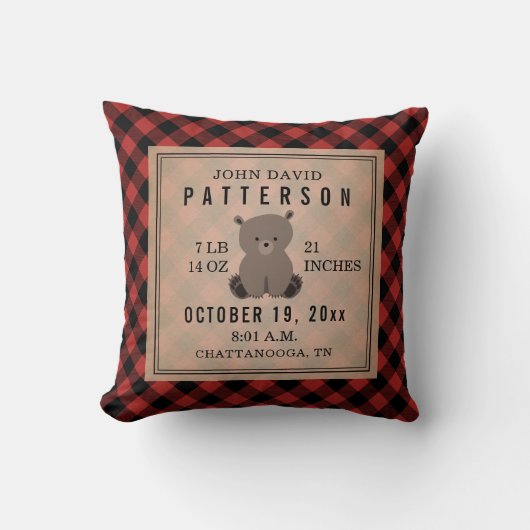 Coussin Russe Buffalo Plaid Bear Baby Boy Stats de naissan (Recto)
